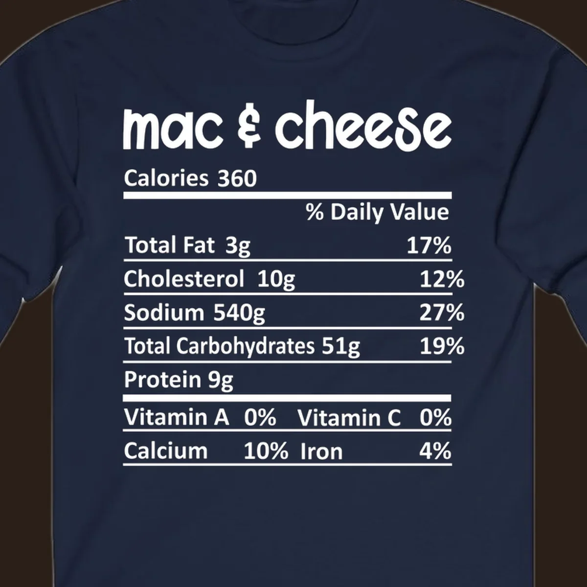 Mac & Cheese Nutrition Facts label design with white text on black.