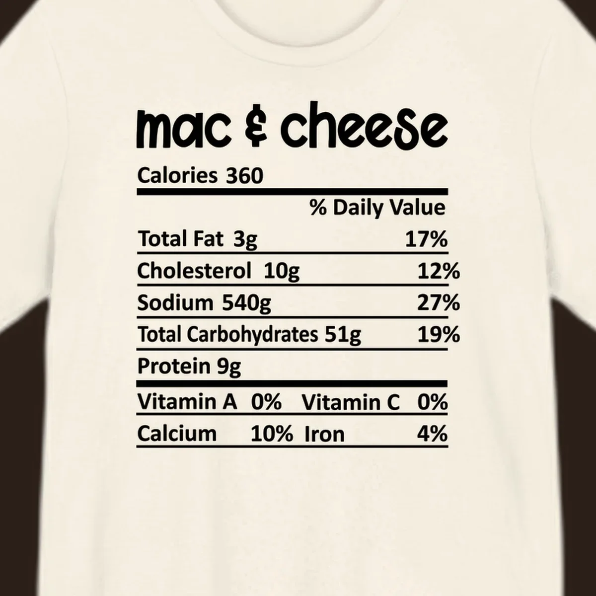 Mac & Cheese Nutrition Facts label design with white text on black.