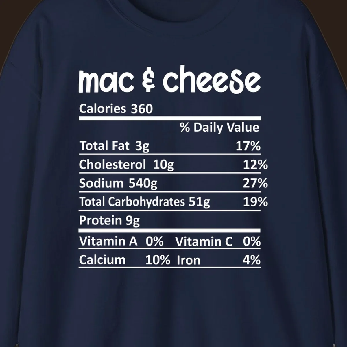 Mac & Cheese Nutrition Facts label design with white text on black.