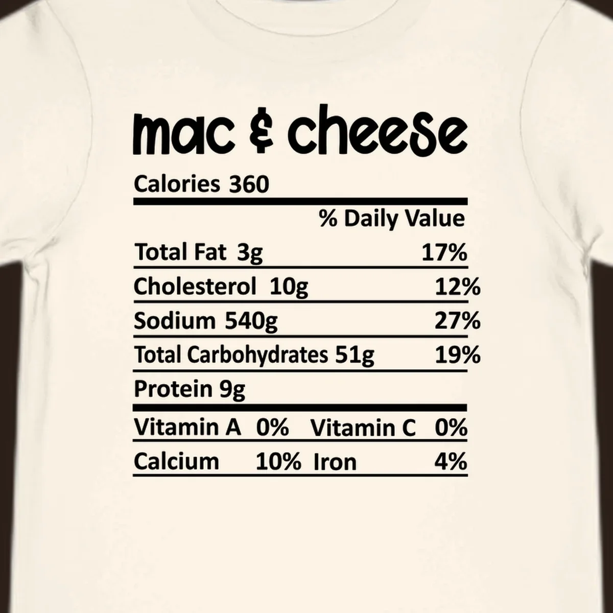 Mac & Cheese Nutrition Facts label design with white text on black.