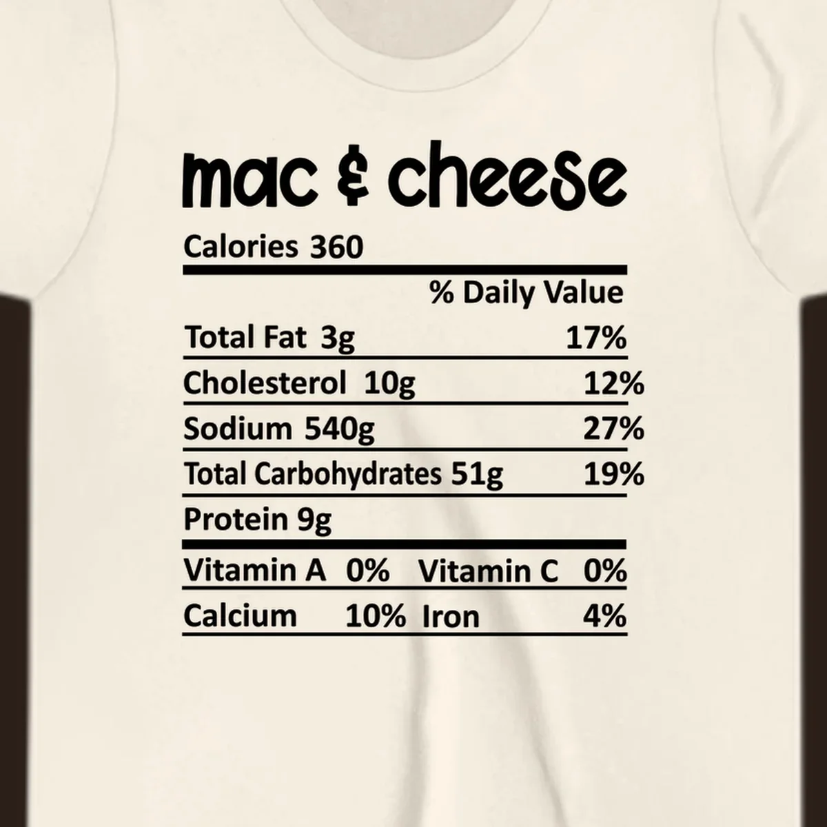 Mac & Cheese Nutrition Facts label design with white text on black.