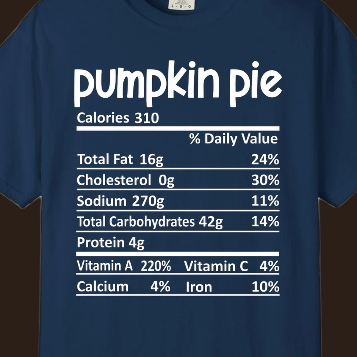 Pumpkin pie nutrition facts label with calories, fat, carbs, and vitamins listed.