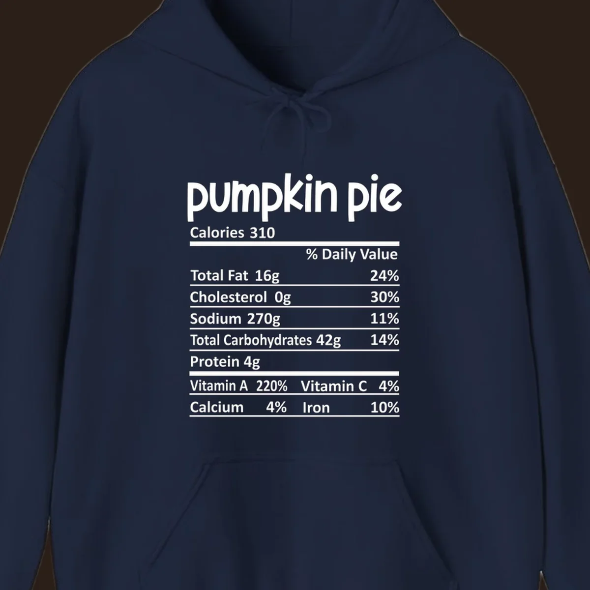 Pumpkin pie nutrition facts label with calories, fat, carbs, and vitamins listed.