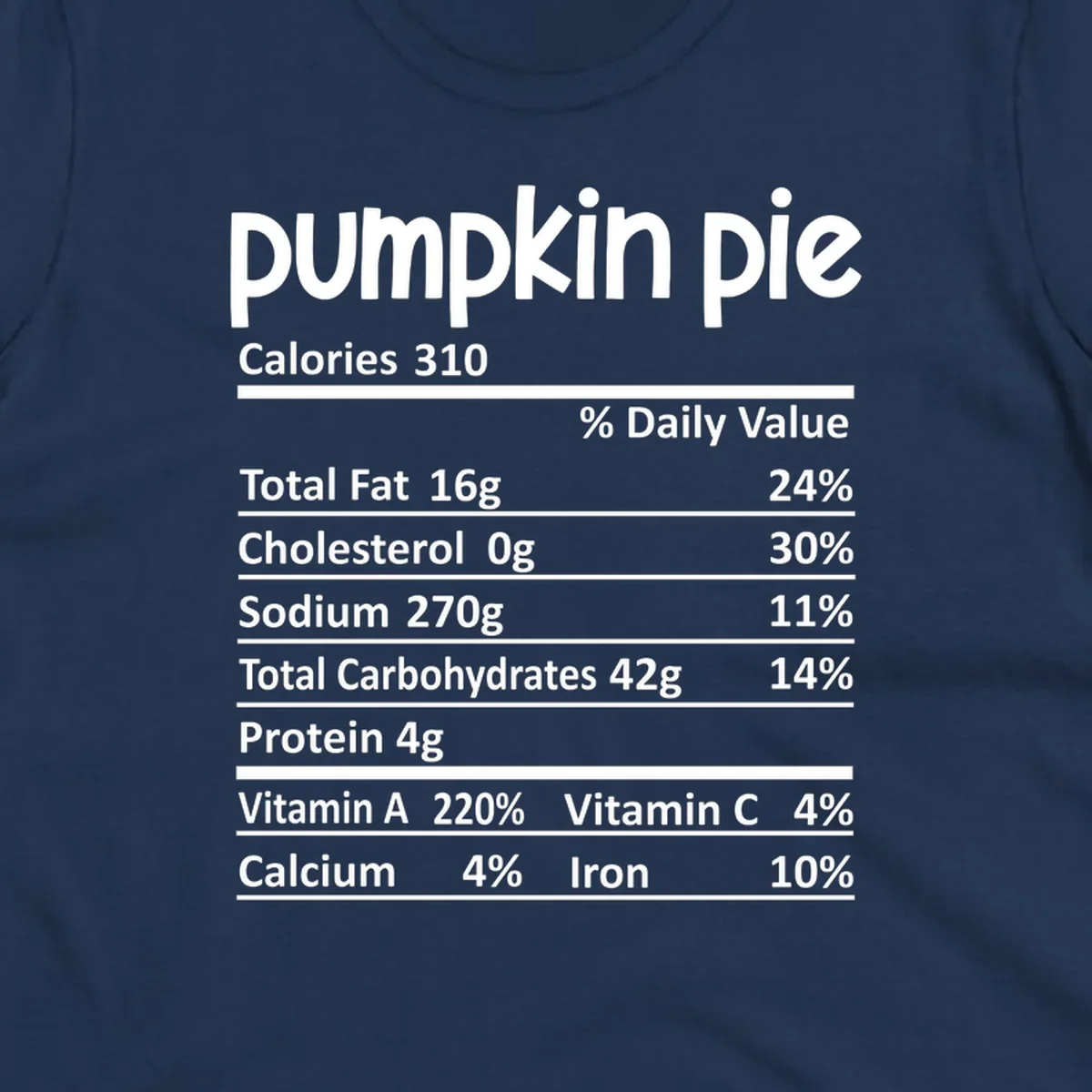 Pumpkin pie nutrition facts label with calories, fat, carbs, and vitamins listed.