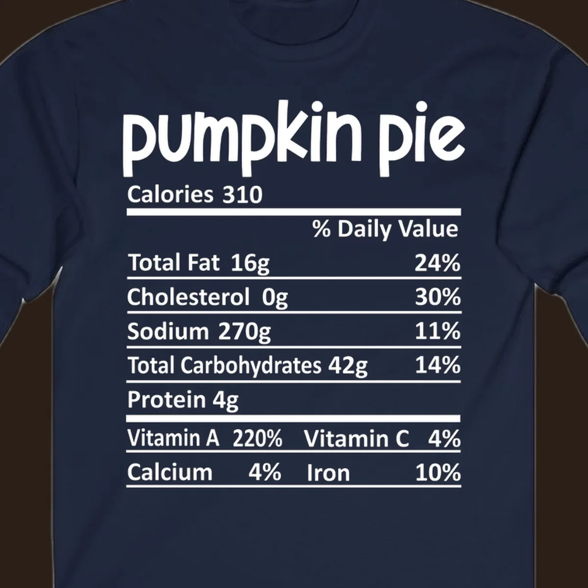Pumpkin pie nutrition facts label with calories, fat, carbs, and vitamins listed.