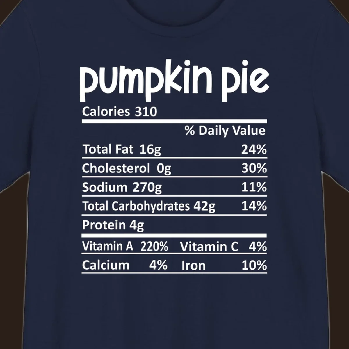 Pumpkin pie nutrition facts label with calories, fat, carbs, and vitamins listed.