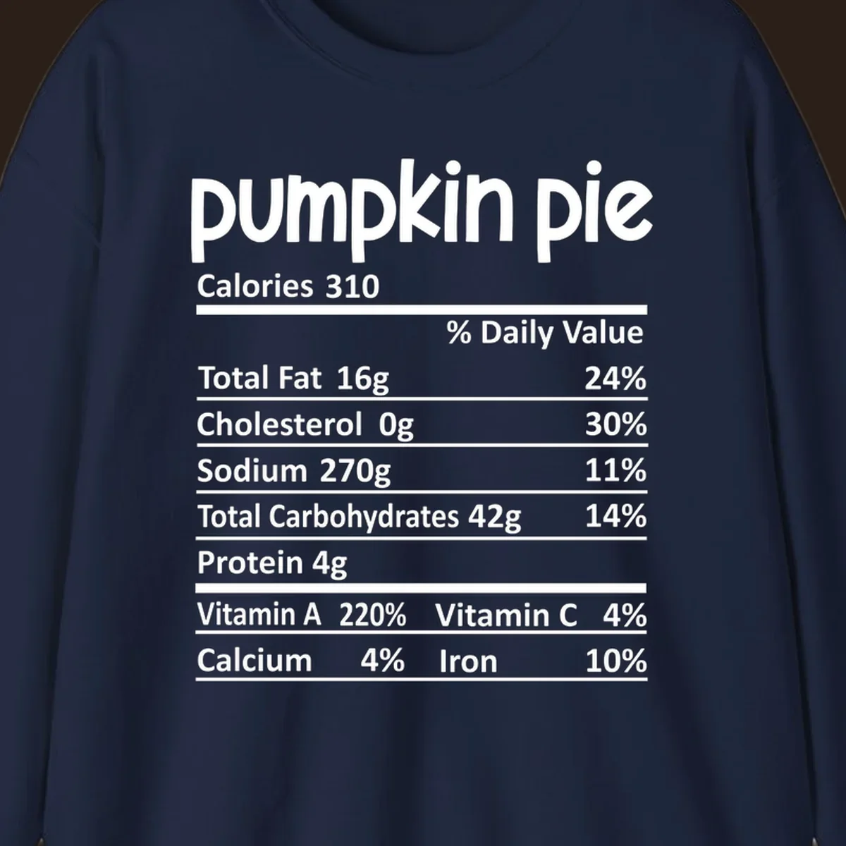 Pumpkin pie nutrition facts label with calories, fat, carbs, and vitamins listed.