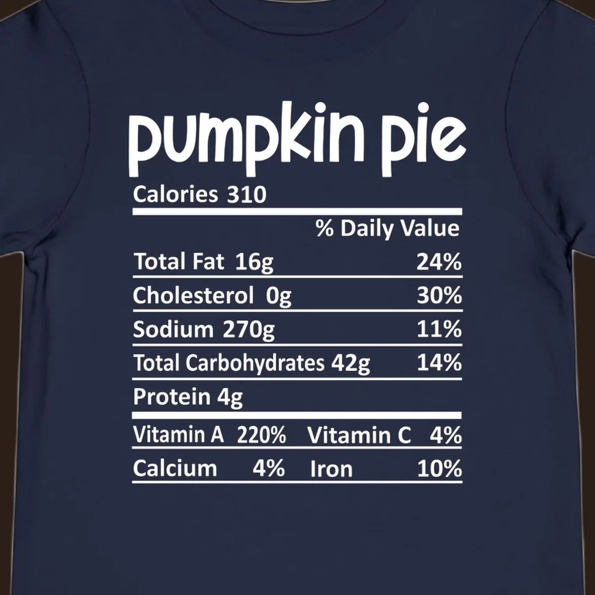 Pumpkin pie nutrition facts label with calories, fat, carbs, and vitamins listed.