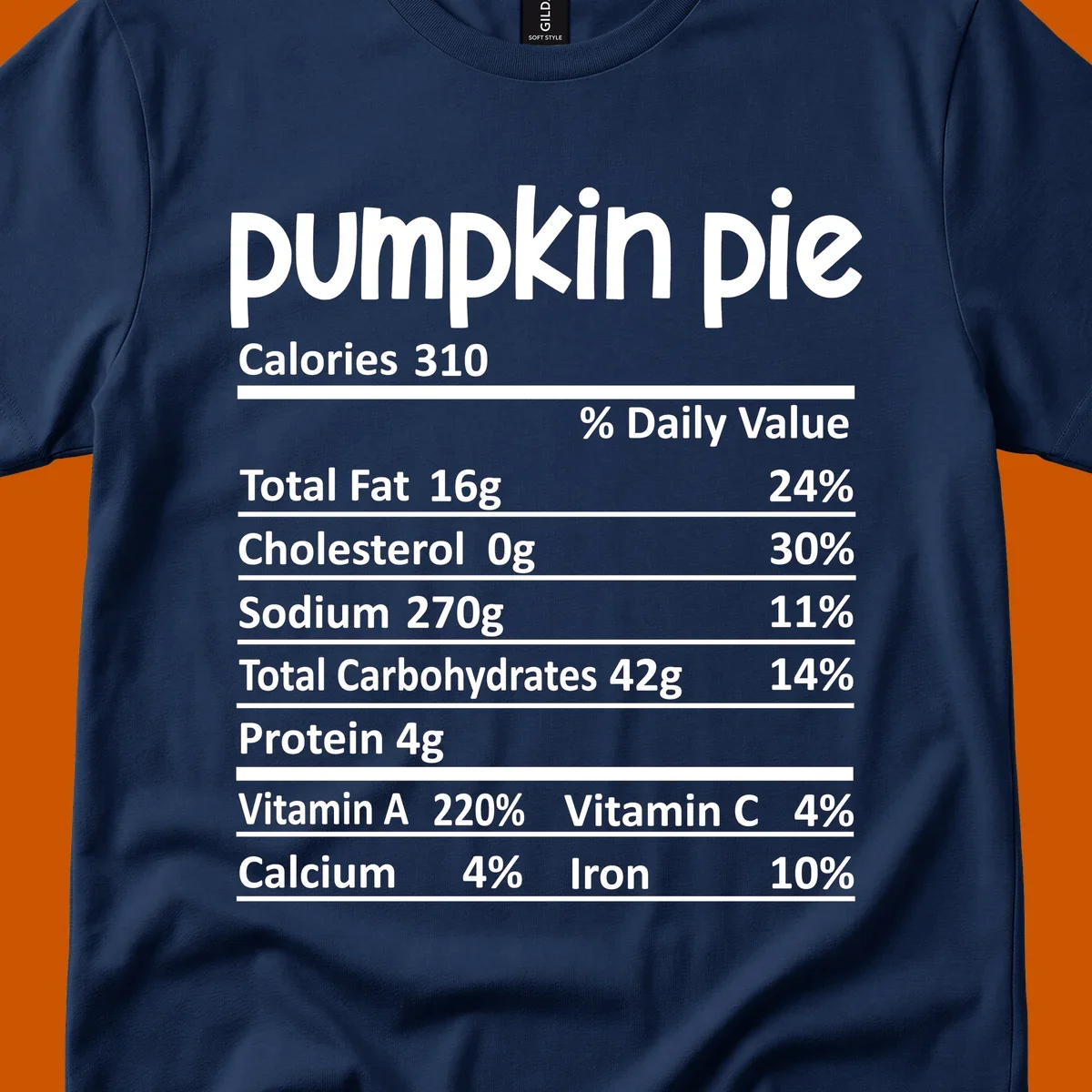 Pumpkin pie nutrition facts label with calories, fat, carbs, and vitamins listed.