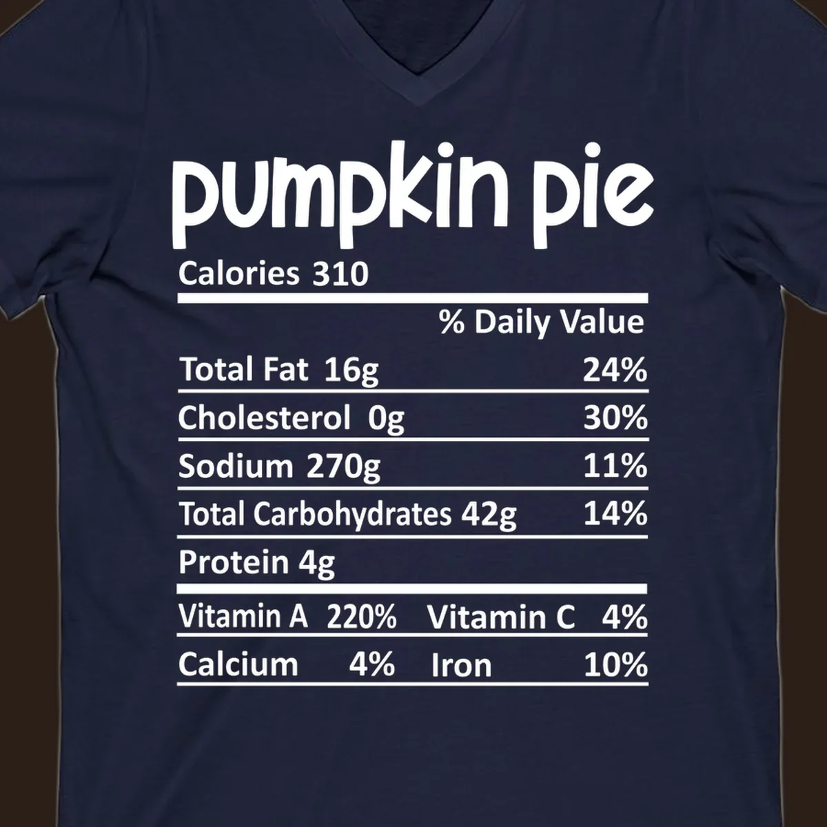 Pumpkin pie nutrition facts label with calories, fat, carbs, and vitamins listed.