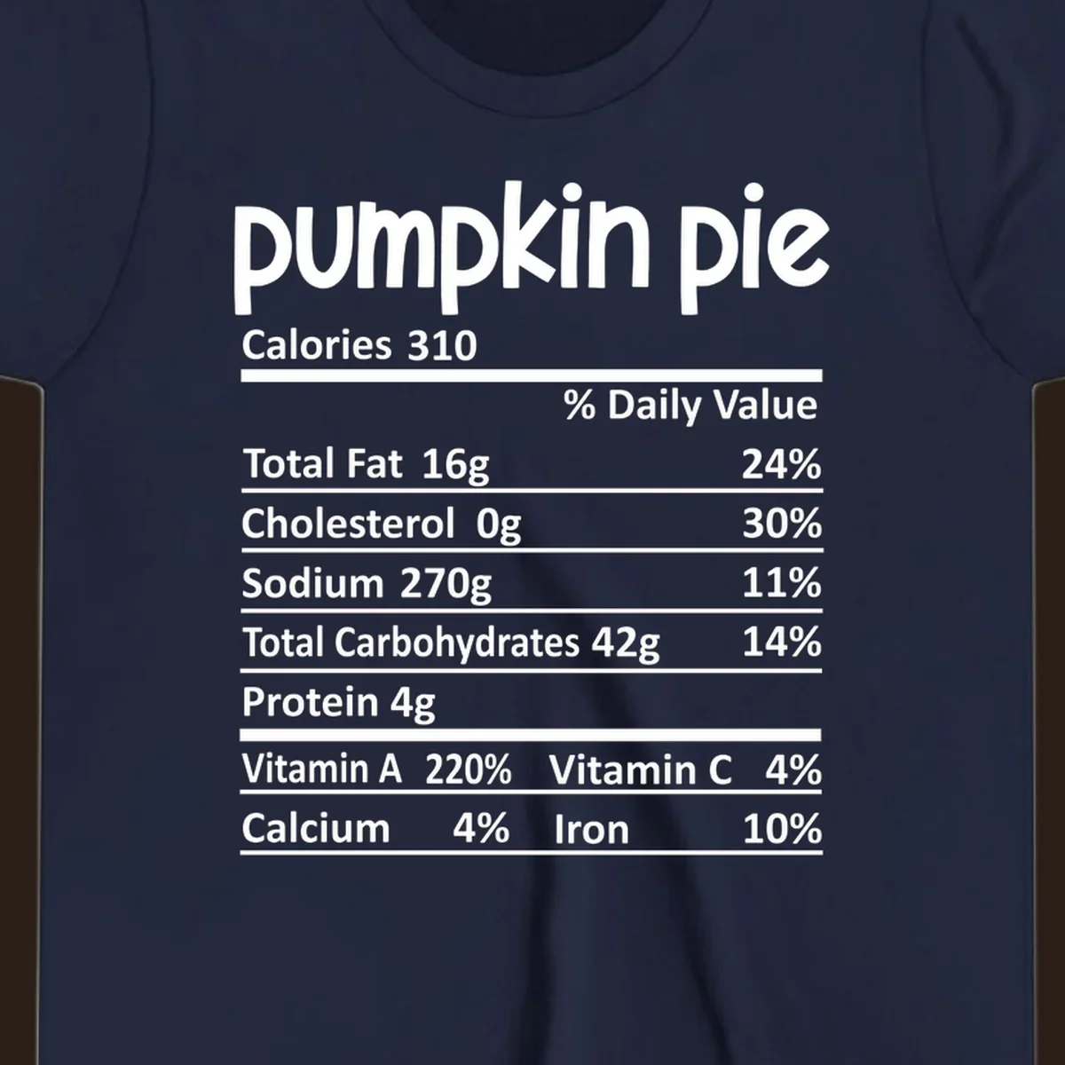 Pumpkin pie nutrition facts label with calories, fat, carbs, and vitamins listed.