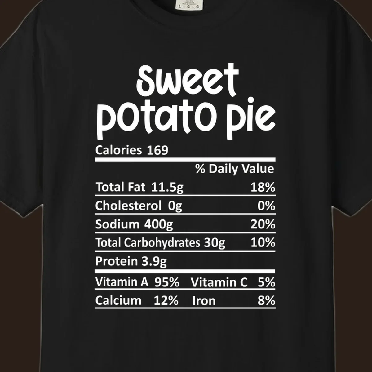 Sweet potato pie nutrition label design with text and nutritional information.