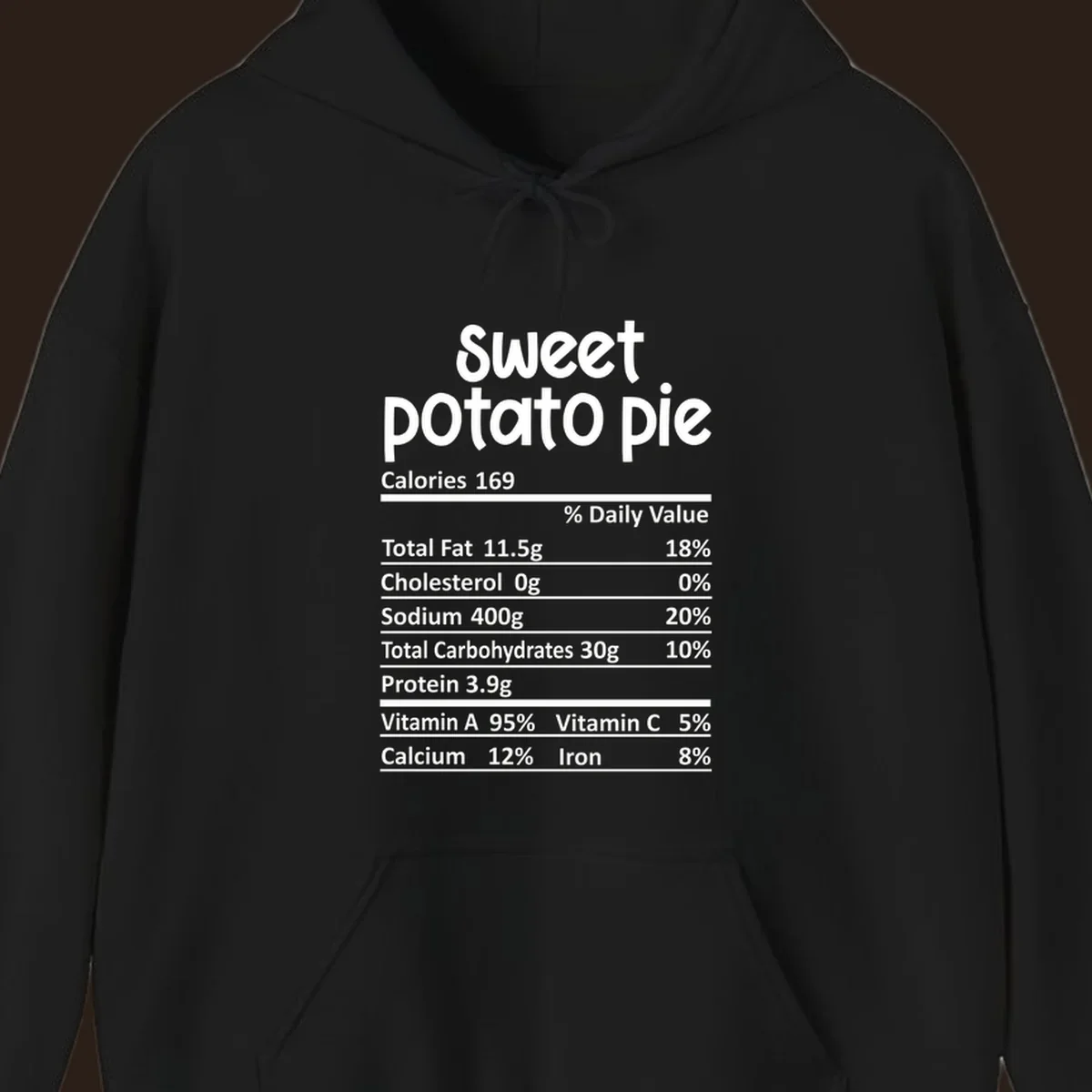 Sweet potato pie nutrition label design with text and nutritional information.