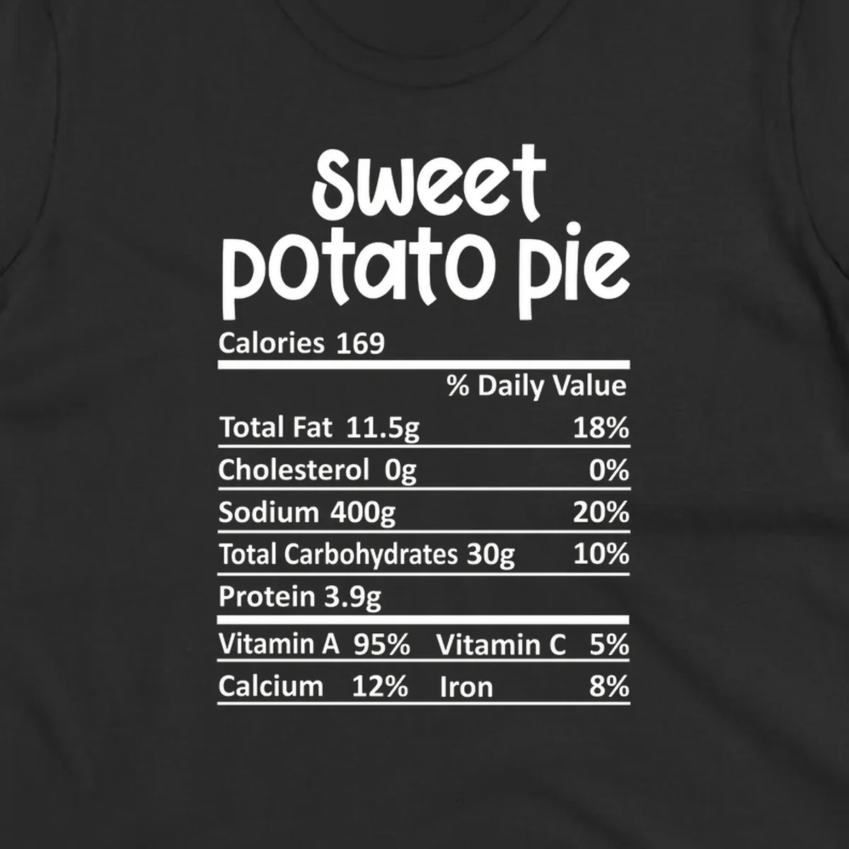 Sweet potato pie nutrition label design with text and nutritional information.