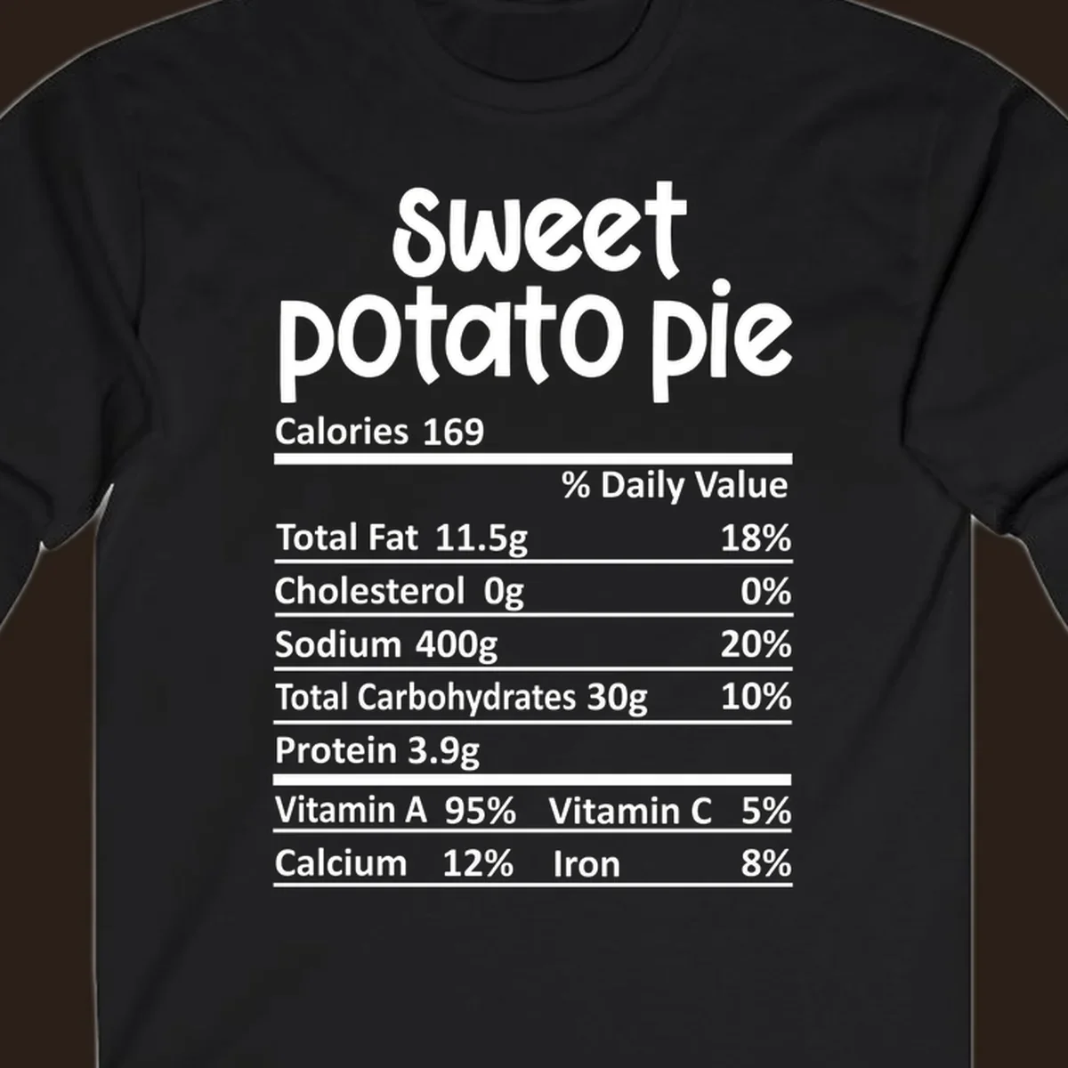 Sweet potato pie nutrition label design with text and nutritional information.