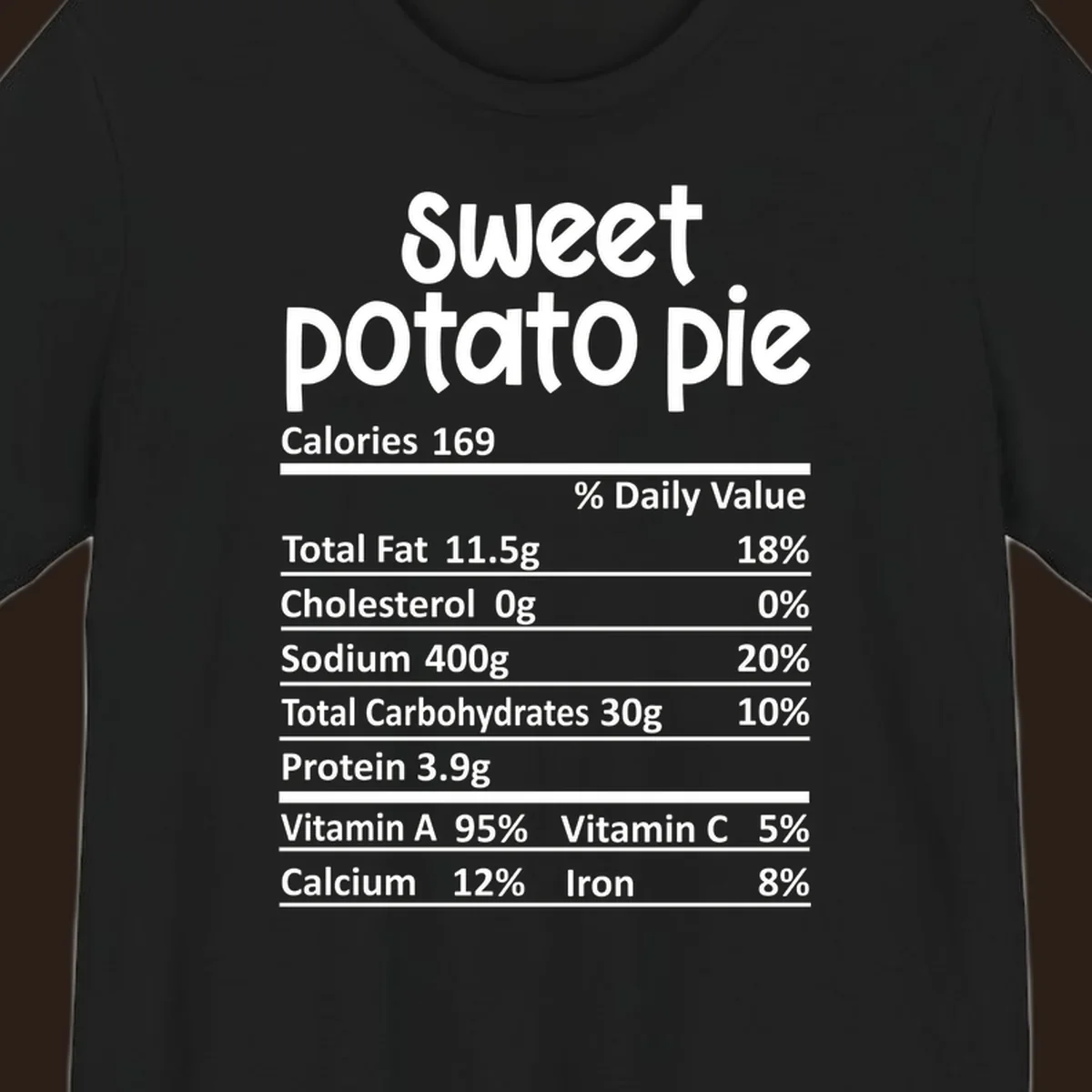 Sweet potato pie nutrition label design with text and nutritional information.
