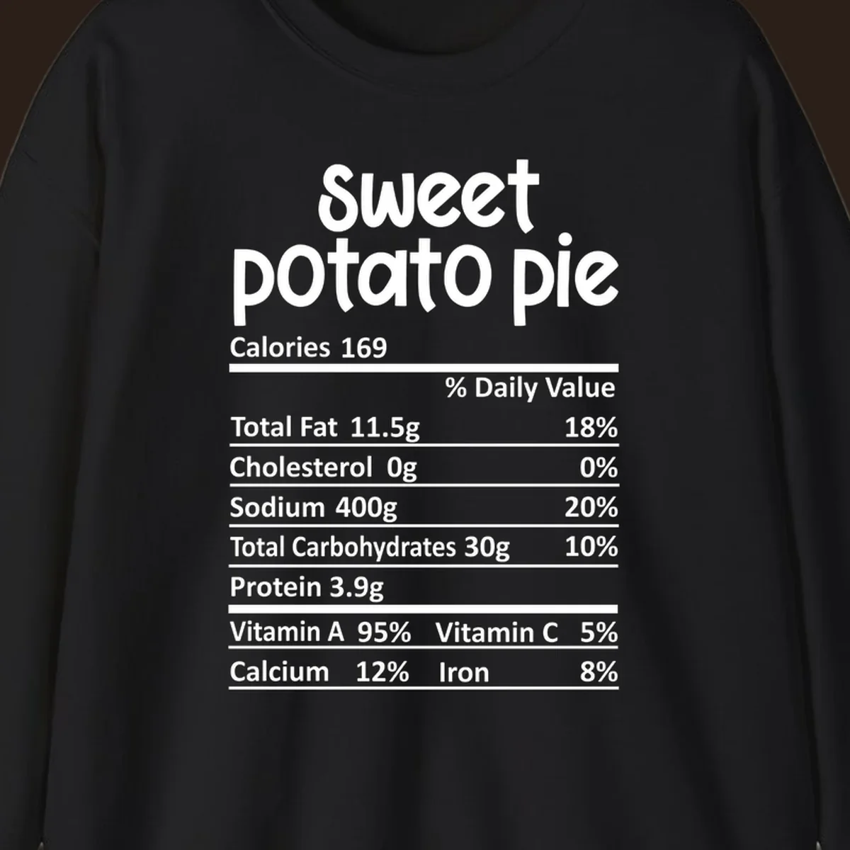 Sweet potato pie nutrition label design with text and nutritional information.