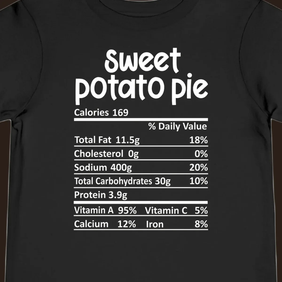 Sweet potato pie nutrition label design with text and nutritional information.