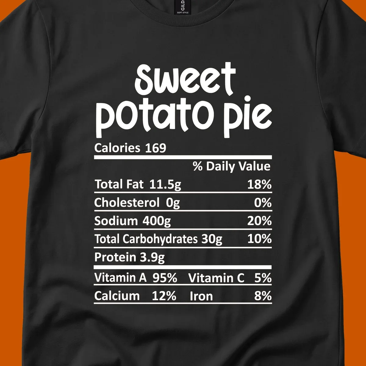 Sweet potato pie nutrition label design with text and nutritional information.