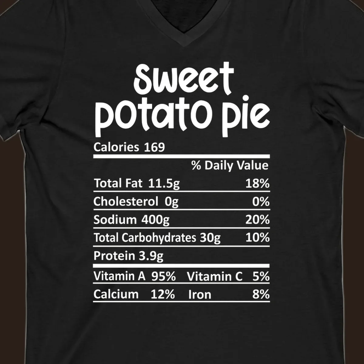 Sweet potato pie nutrition label design with text and nutritional information.