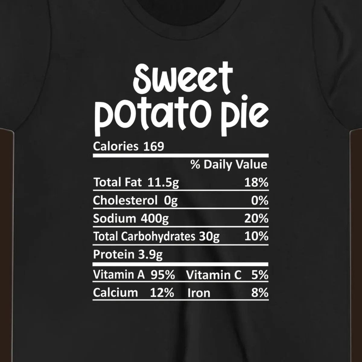 Sweet potato pie nutrition label design with text and nutritional information.