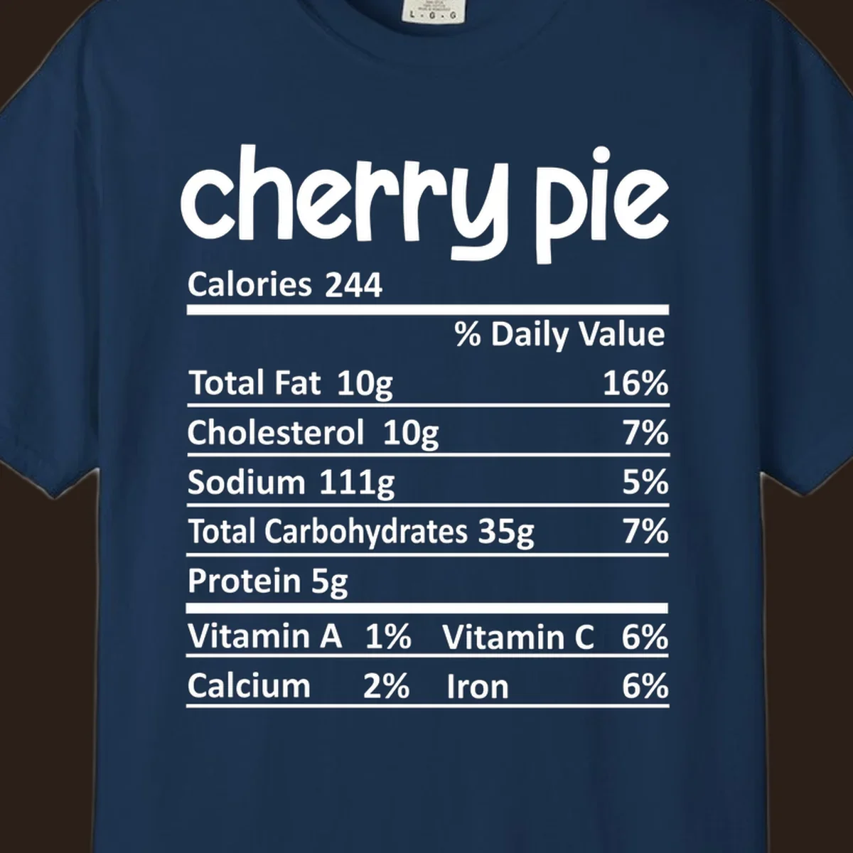 Cherry pie nutrition facts label with calories and ingredient breakdown.