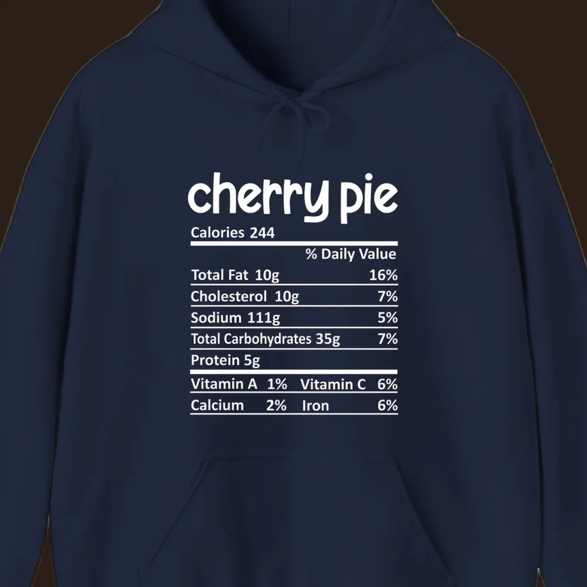 Cherry pie nutrition facts label with calories and ingredient breakdown.