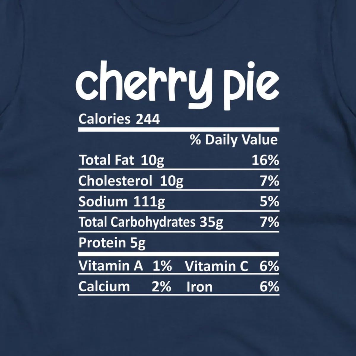 Cherry pie nutrition facts label with calories and ingredient breakdown.