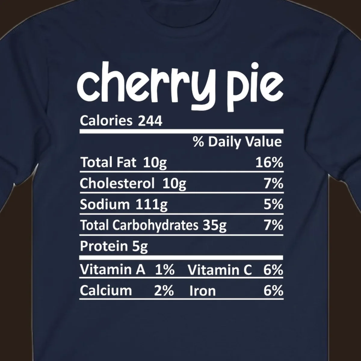 Cherry pie nutrition facts label with calories and ingredient breakdown.