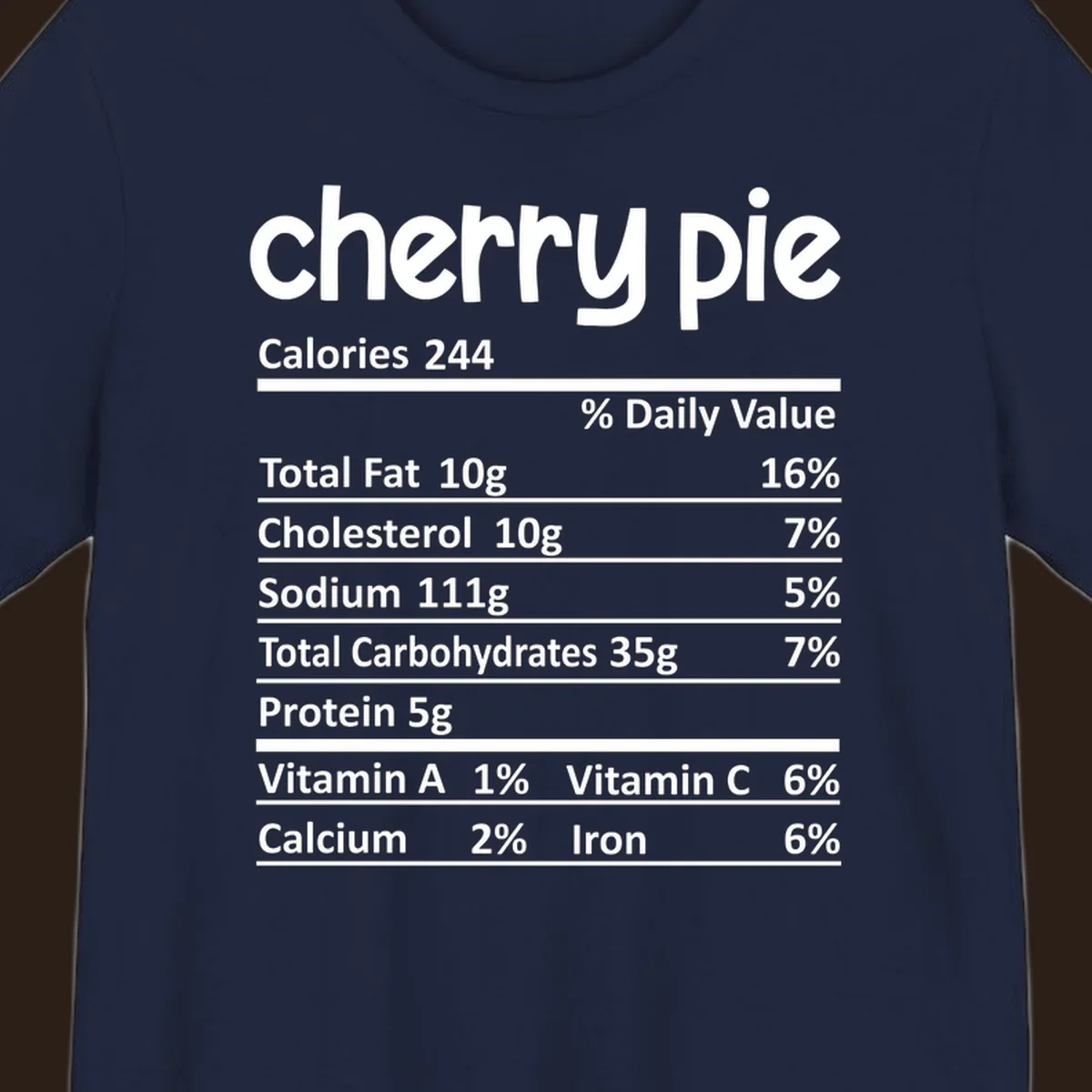 Cherry pie nutrition facts label with calories and ingredient breakdown.