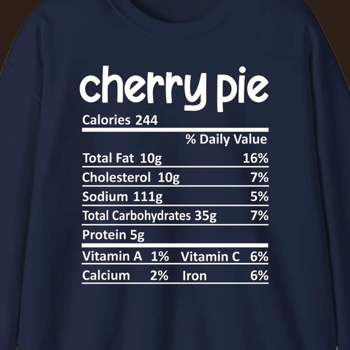 Cherry pie nutrition facts label with calories and ingredient breakdown.