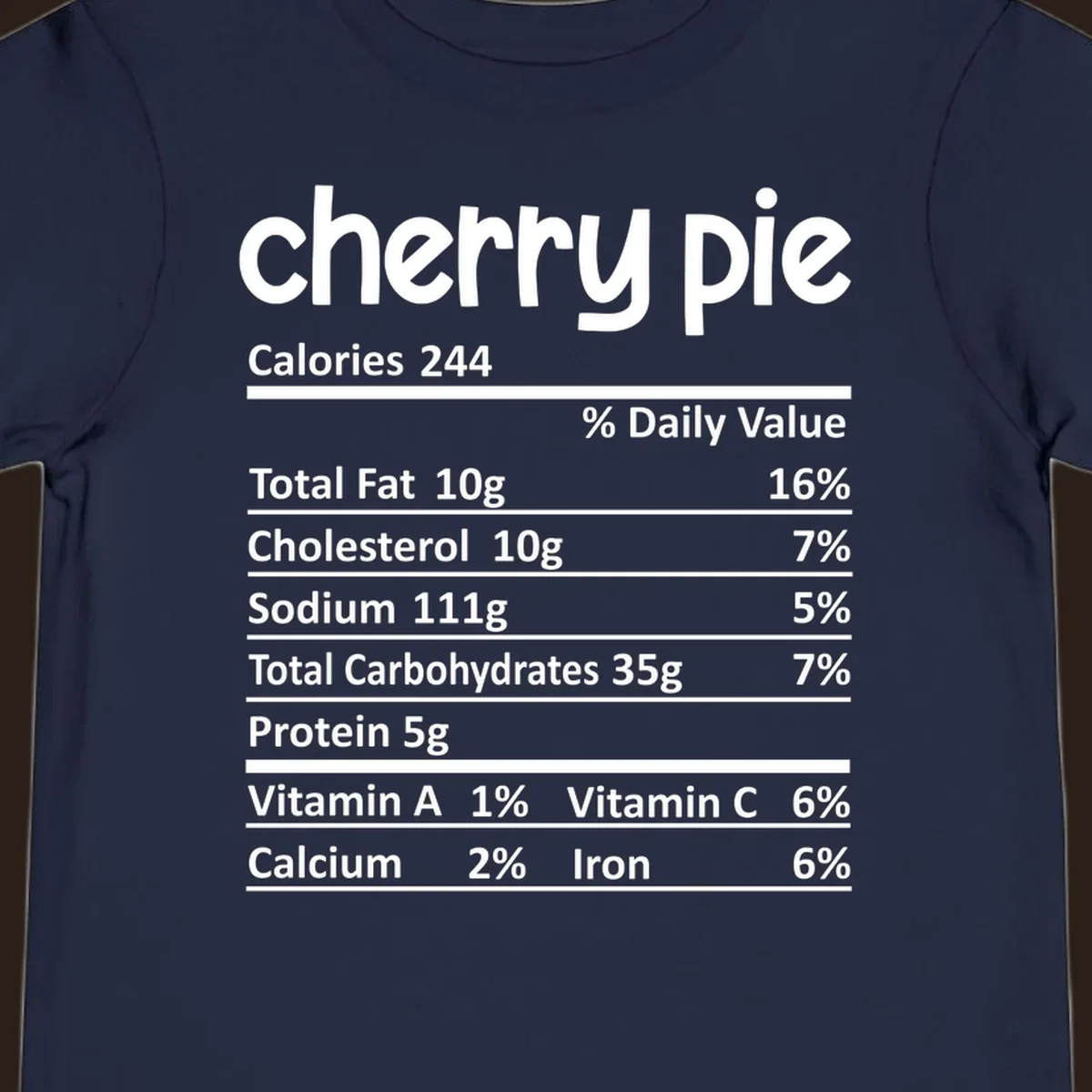 Cherry pie nutrition facts label with calories and ingredient breakdown.