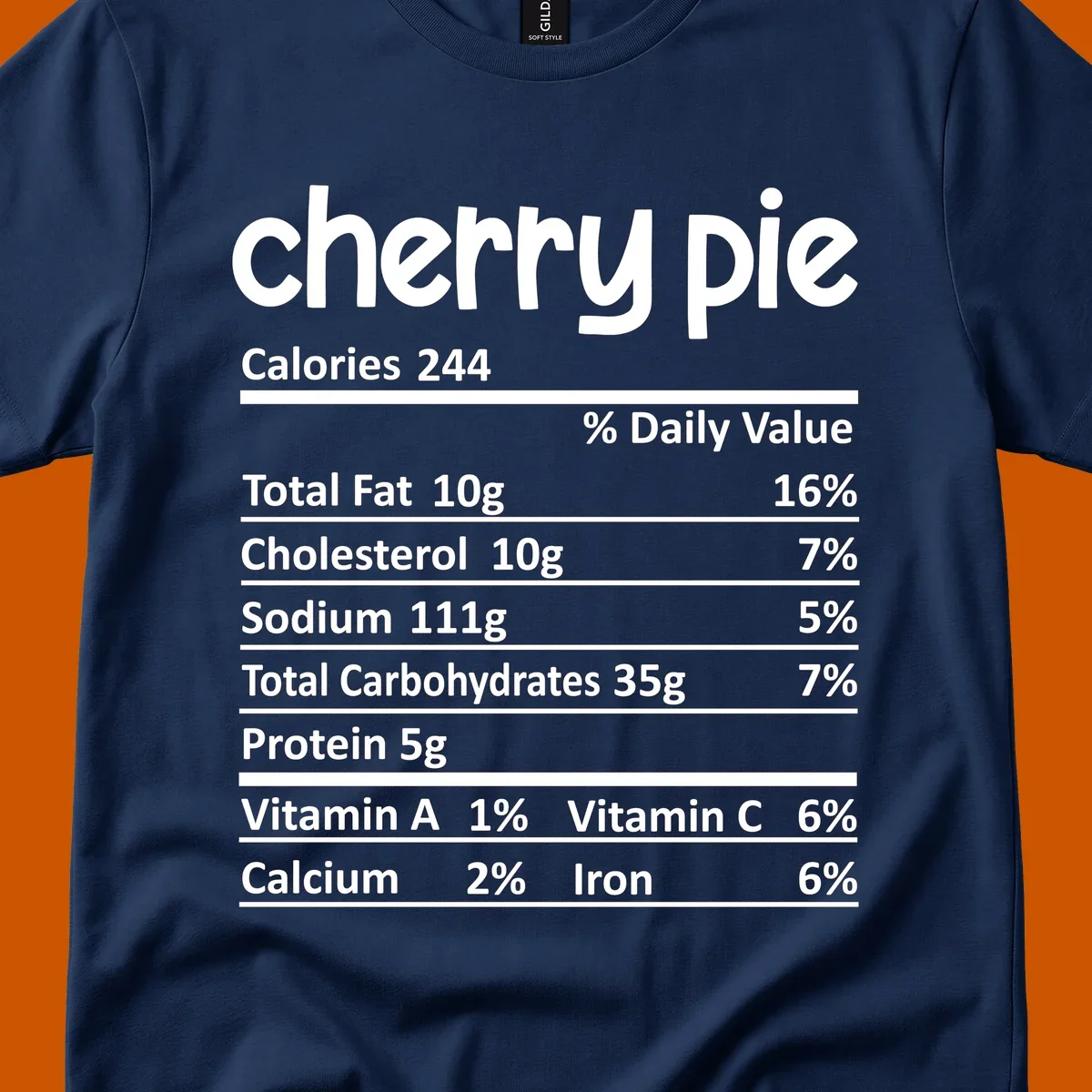 Cherry pie nutrition facts label with calories and ingredient breakdown.