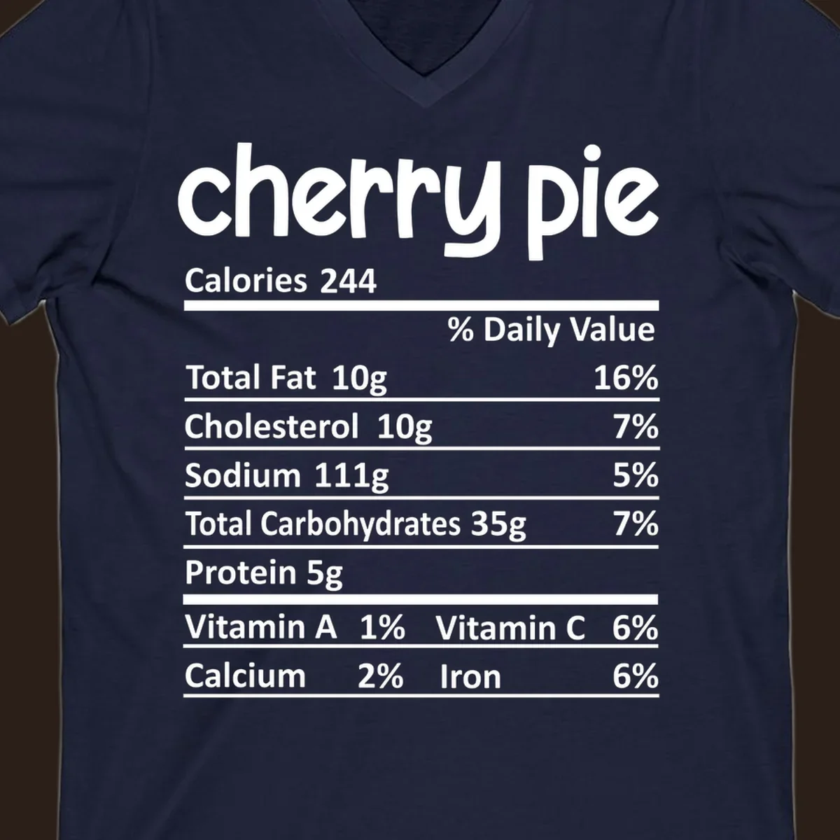 Cherry pie nutrition facts label with calories and ingredient breakdown.
