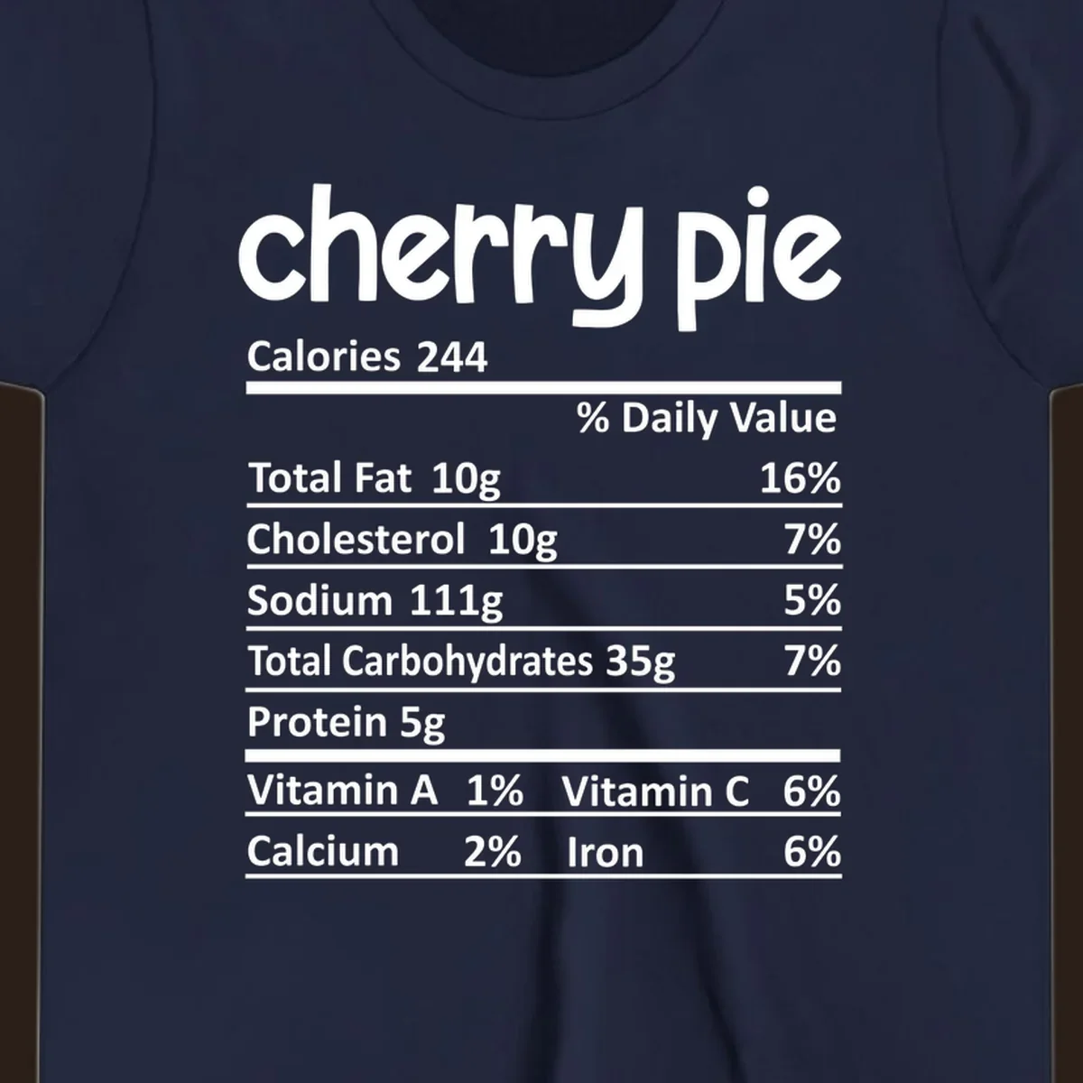 Cherry pie nutrition facts label with calories and ingredient breakdown.