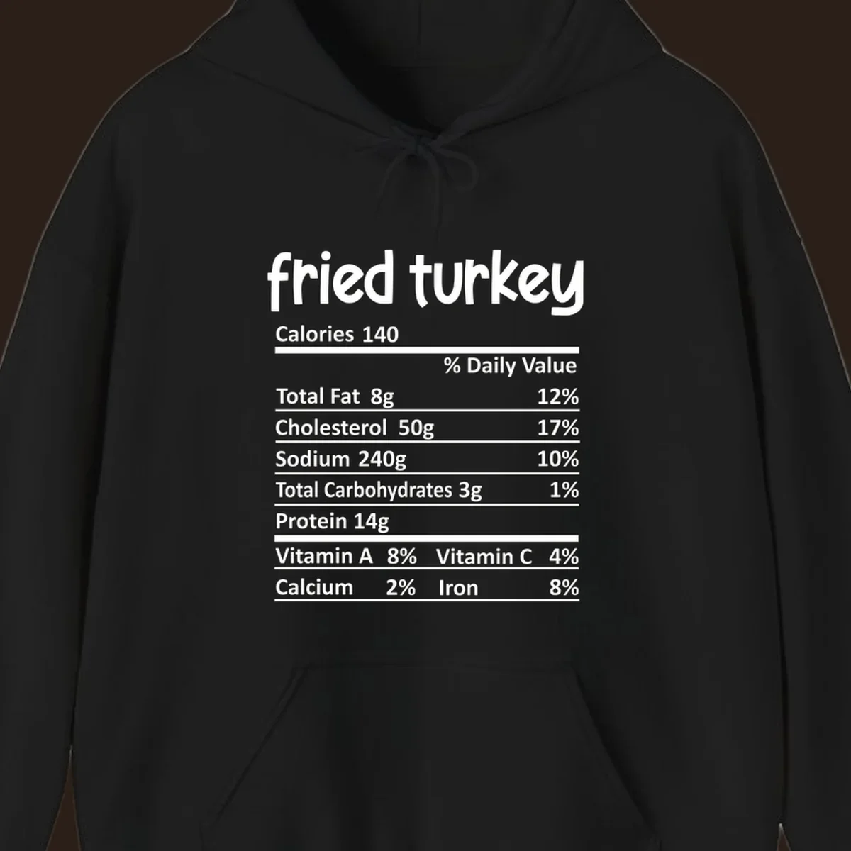 Fried turkey nutrition facts label design with white text on black background.