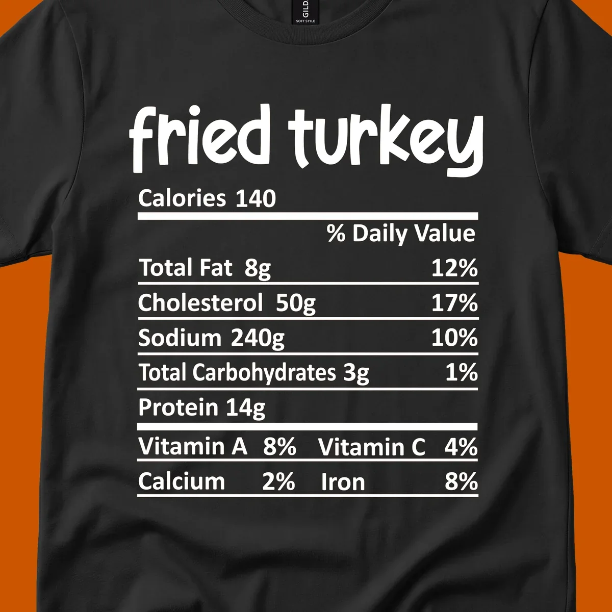 Fried turkey nutrition facts label design with white text on black background.