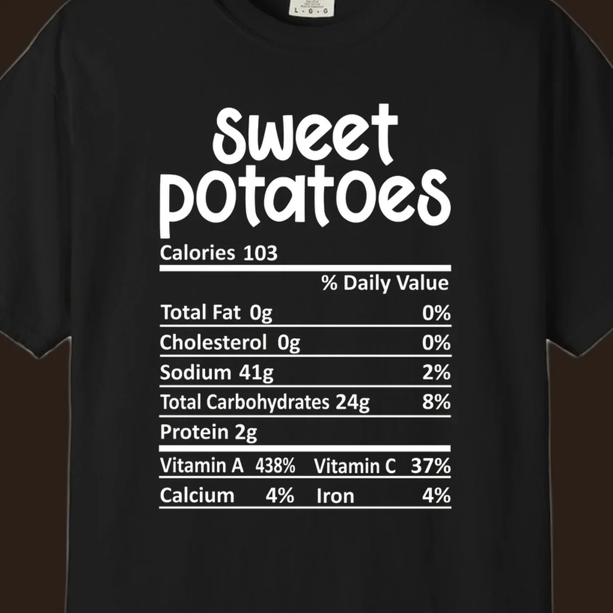 Sweet potatoes nutrition facts label design with vitamin and mineral content.