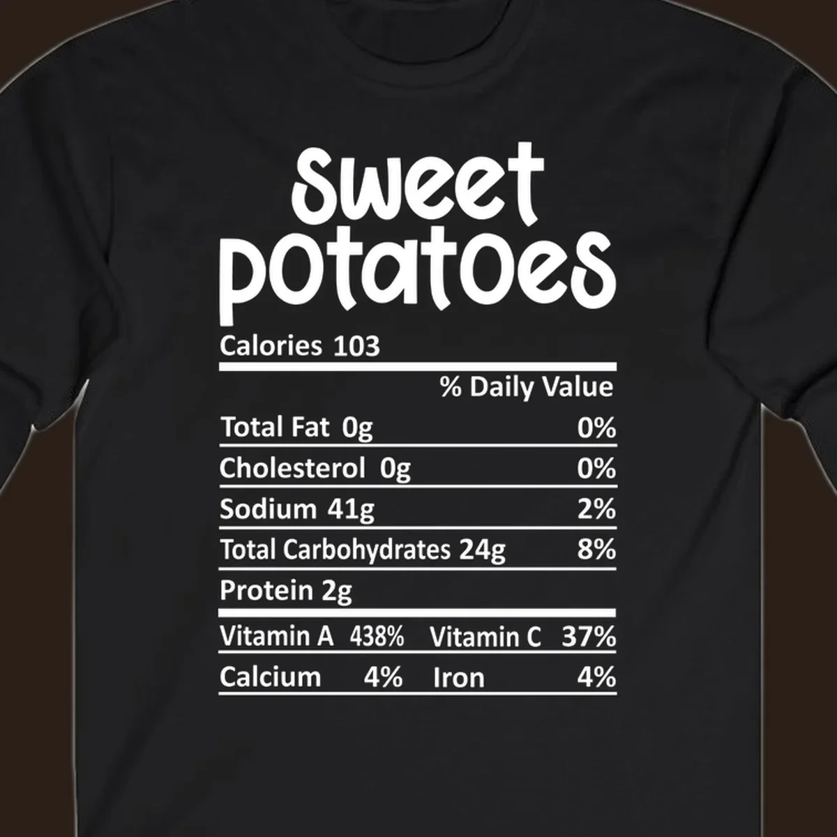 Sweet potatoes nutrition facts label design with vitamin and mineral content.