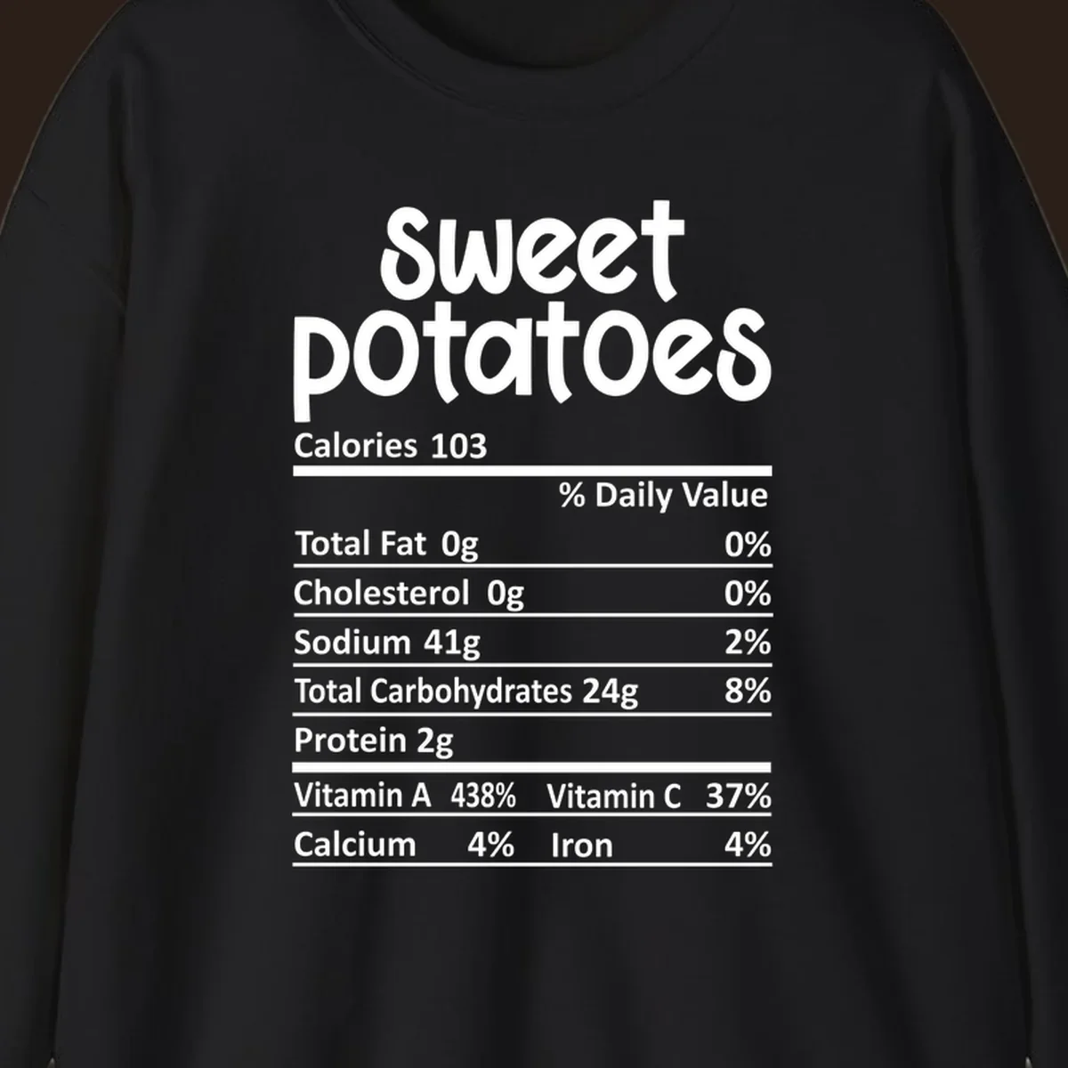 Sweet potatoes nutrition facts label design with vitamin and mineral content.