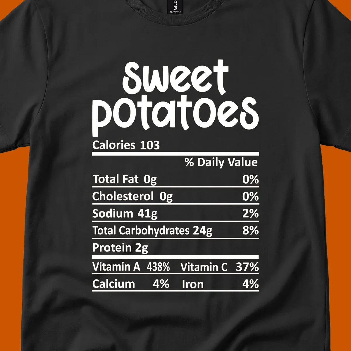 Sweet potatoes nutrition facts label design with vitamin and mineral content.