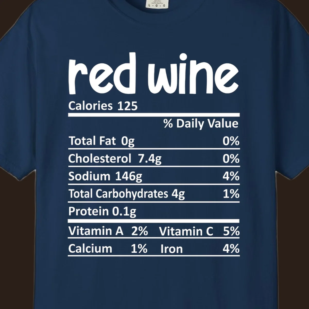 Red wine nutrition facts label with calories and nutritional components, white text on black.