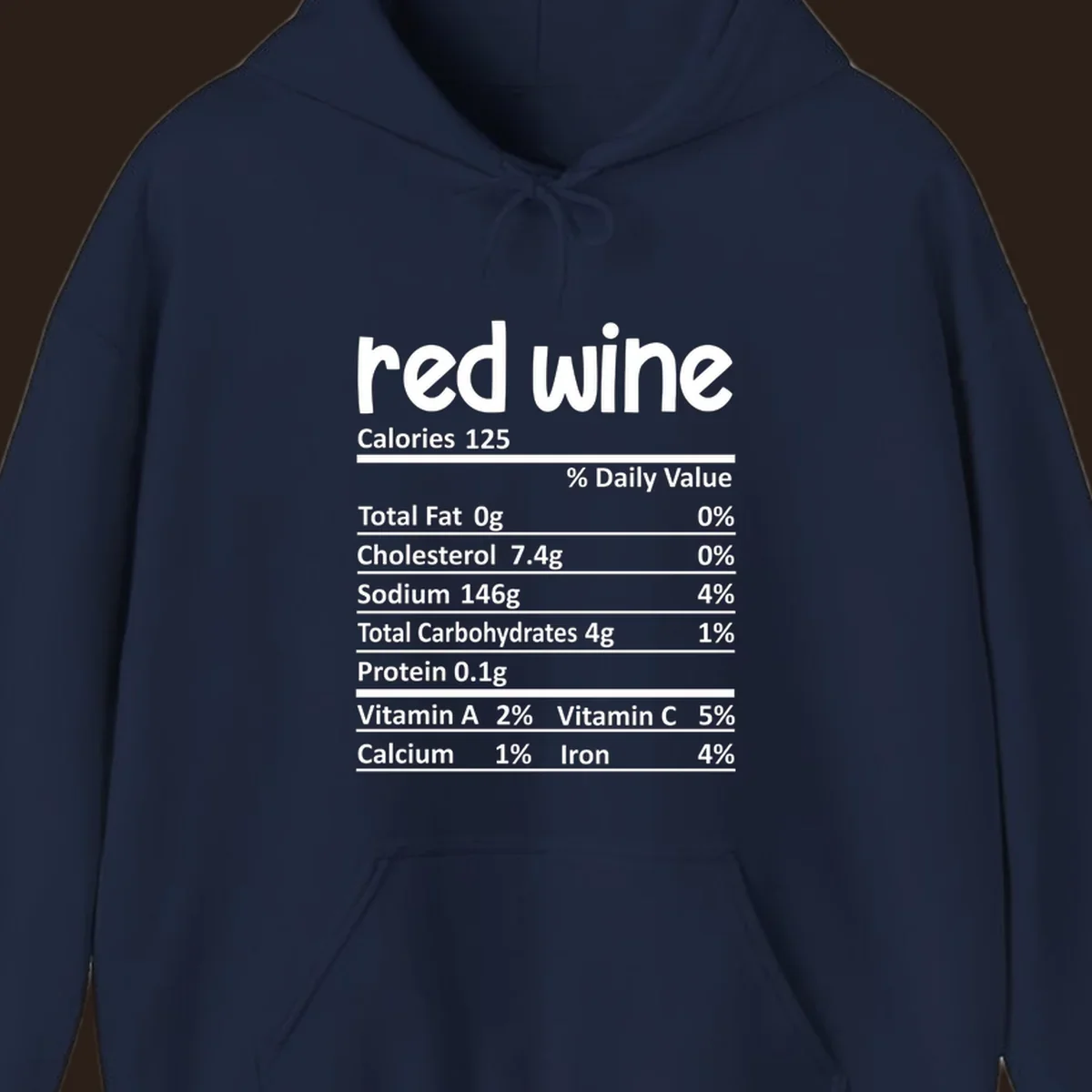 Red wine nutrition facts label with calories and nutritional components, white text on black.