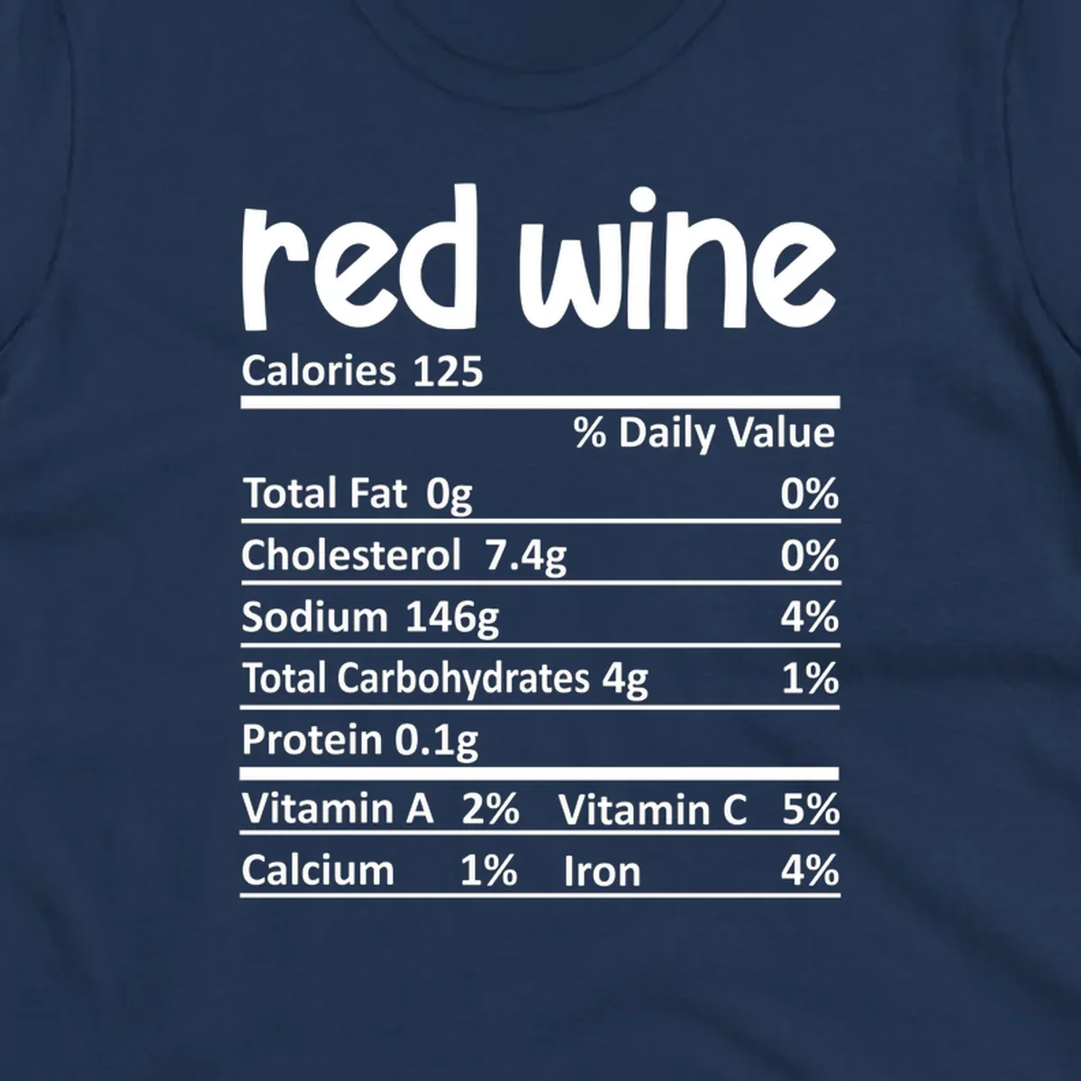 Red wine nutrition facts label with calories and nutritional components, white text on black.