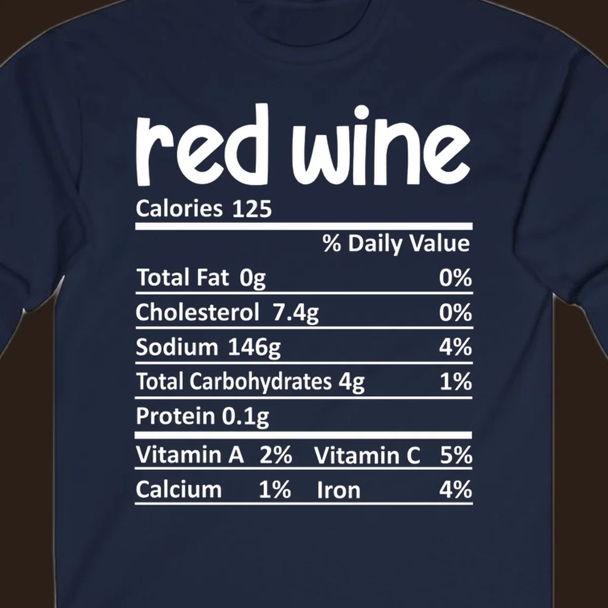 Red wine nutrition facts label with calories and nutritional components, white text on black.