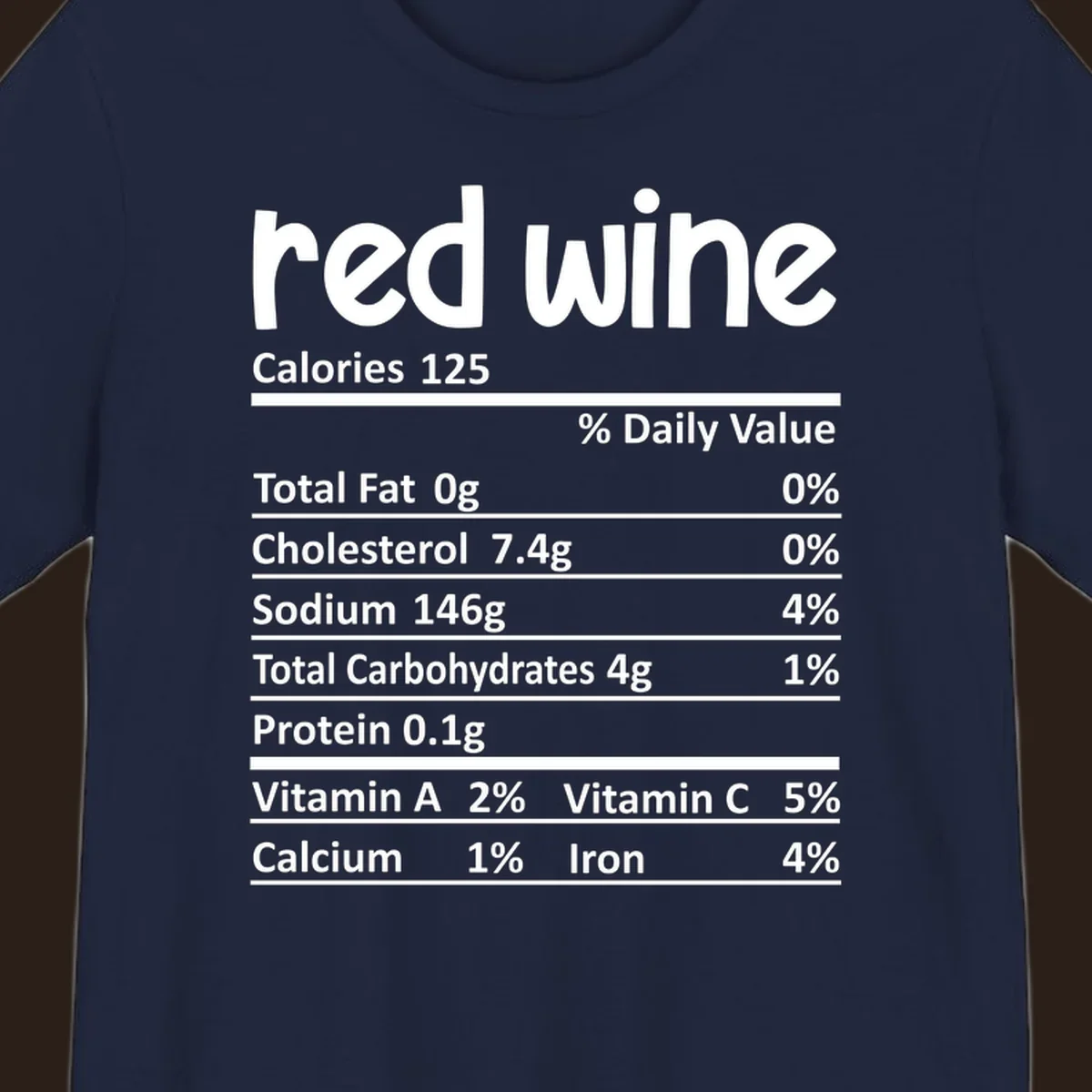 Red wine nutrition facts label with calories and nutritional components, white text on black.