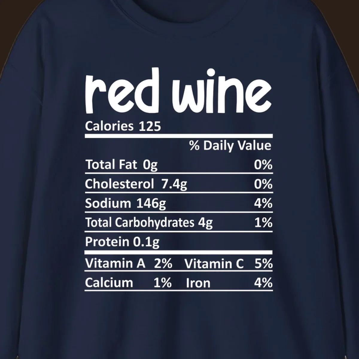 Red wine nutrition facts label with calories and nutritional components, white text on black.