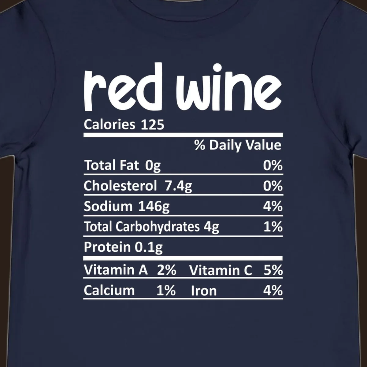 Red wine nutrition facts label with calories and nutritional components, white text on black.
