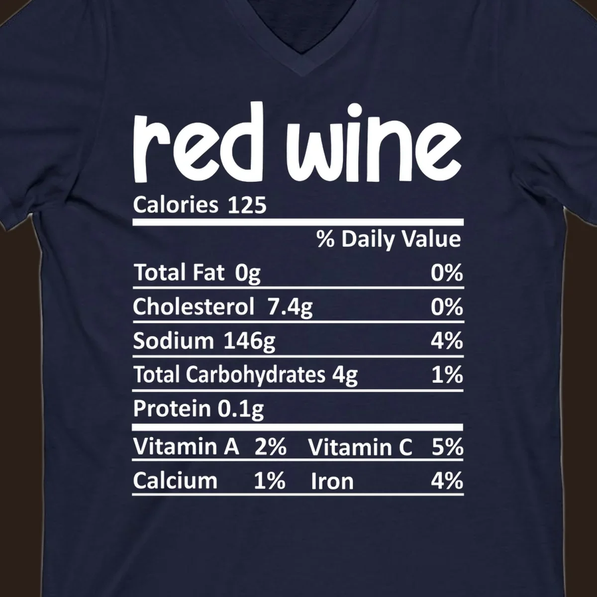 Red wine nutrition facts label with calories and nutritional components, white text on black.
