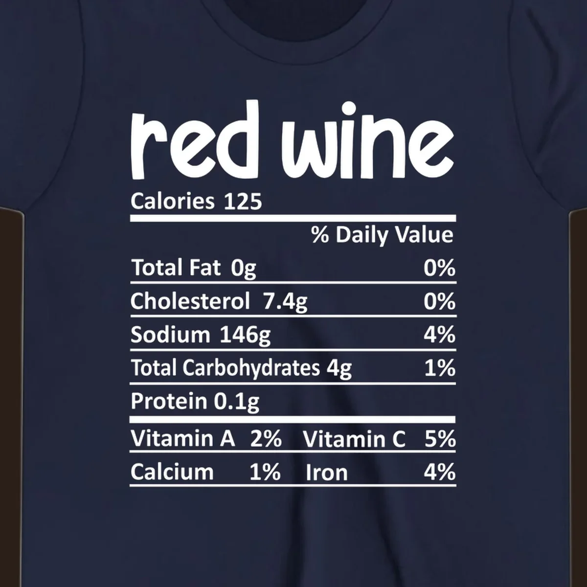 Red wine nutrition facts label with calories and nutritional components, white text on black.